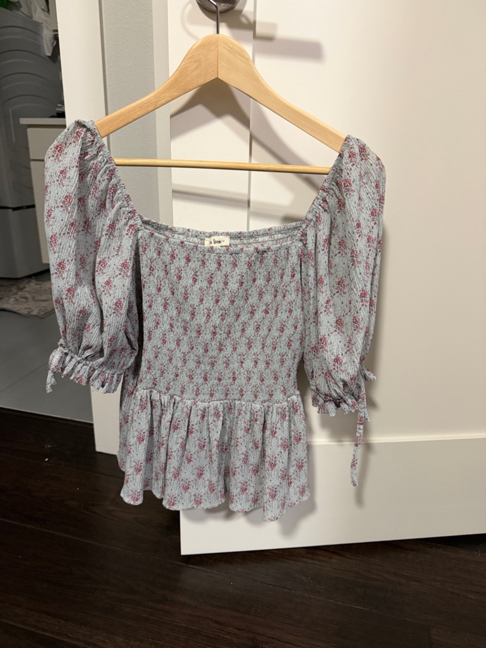 Smocked Square-Neck Peasant Blouse in Light Blue with Pink Floral